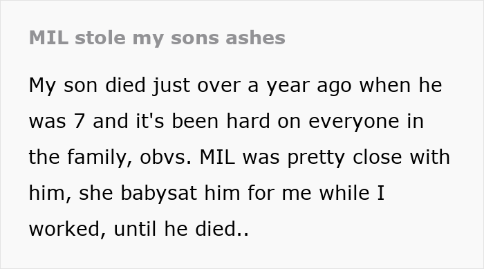 Text excerpt about a family conflict involving grandma stealing grandson’s ashes, sparking drama over the ashes.