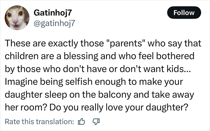 Alt text: Social media post criticizing momfluencer for making 9-year-old autistic daughter sleep on balcony to use room as office Alt text: Social media post criticizing momfluencer for making 9-year-old autistic daughter sleep on balcony to use room as office