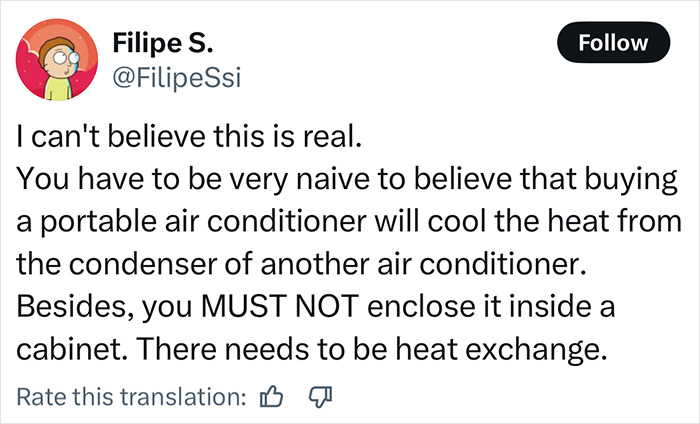 Tweet from Filipe S. expressing disbelief about the use and enclosure of portable air conditioners and heat exchange issues. Tweet from Filipe S. expressing disbelief about the use and enclosure of portable air conditioners and heat exchange issues.