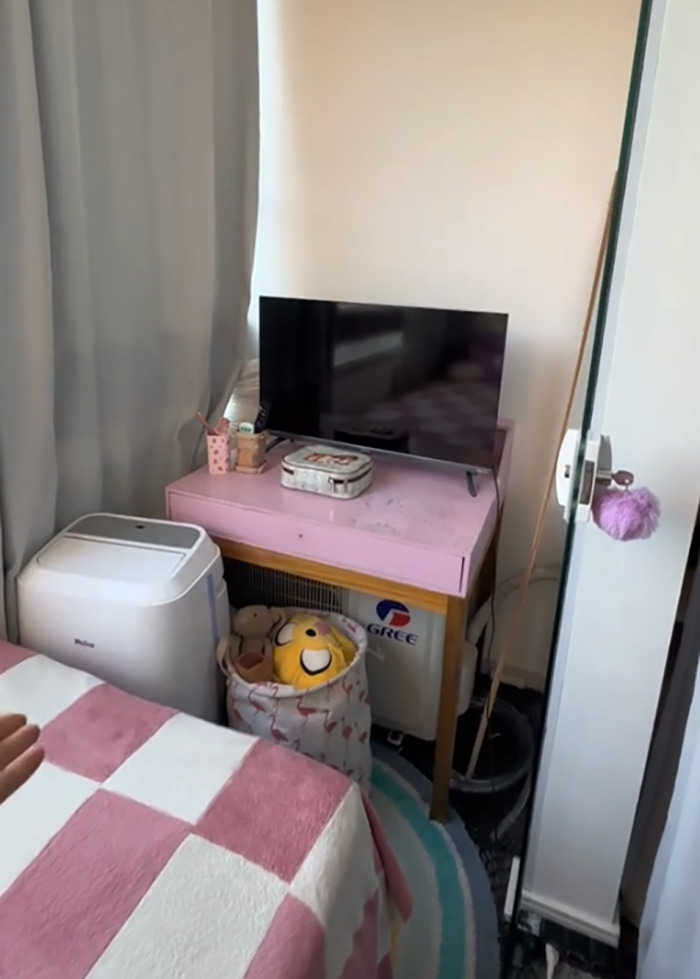 Small bedroom setup with TV, pink desk, stuffed toys, and pink checkered bedding showing autistic daughter’s balcony sleeping space. Small bedroom setup with TV, pink desk, stuffed toys, and pink checkered bedding showing autistic daughter’s balcony sleeping space.