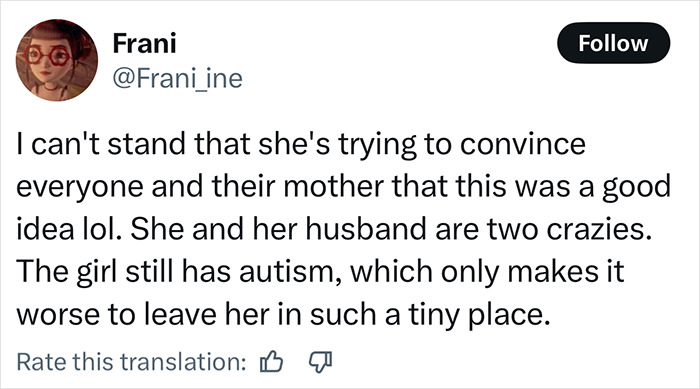 Tweet criticizing momfluencer for making 9-year-old autistic daughter sleep on balcony to use room as office. Tweet criticizing momfluencer for making 9-year-old autistic daughter sleep on balcony to use room as office.
