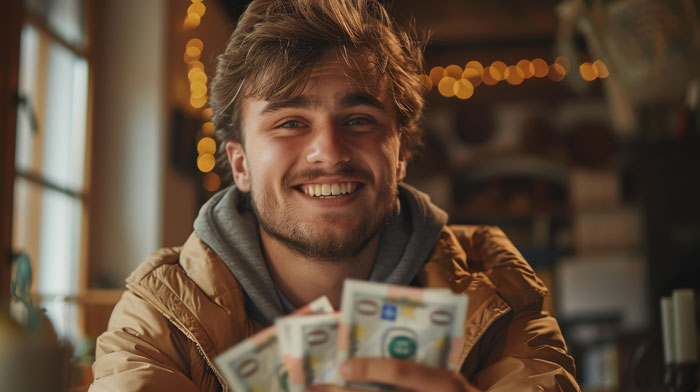 Smiling young man holding cash inside a warm room, representing wealthy grandpa gifting grandson for college achievement. Smiling young man holding cash inside a warm room, representing wealthy grandpa gifting grandson for college achievement.