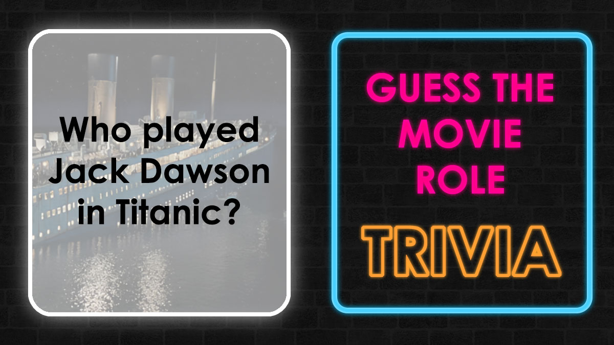 Quiz prompt on movie knowledge with Titanic ship image and neon text saying Guess the movie role trivia.
