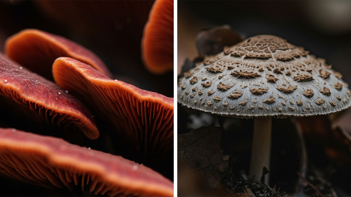 Close-up images showing the hidden details of natureu2019s smallest gems with textured mushroom caps and gills.