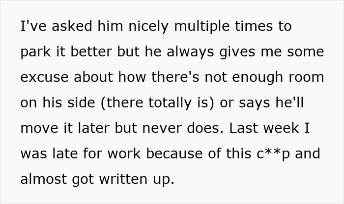 Text message describing conflict over driveway blocking neighbor who won’t move his truck despite requests. Text message describing conflict over driveway blocking neighbor who won’t move his truck despite requests.