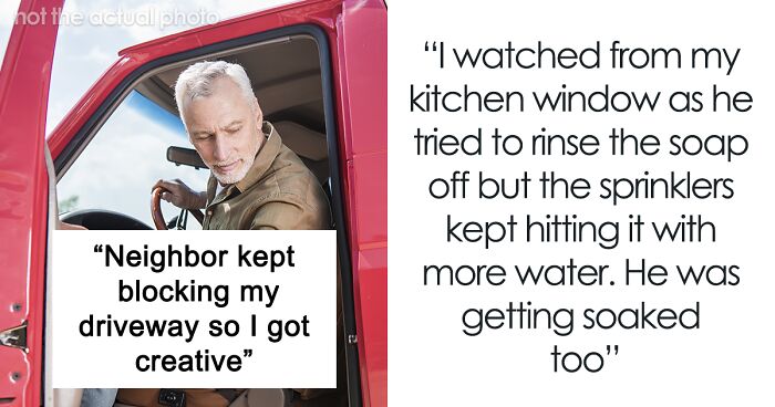 Man sitting in red truck illustrating driveway blocking neighbor who faces petty revenge over parked vehicle.