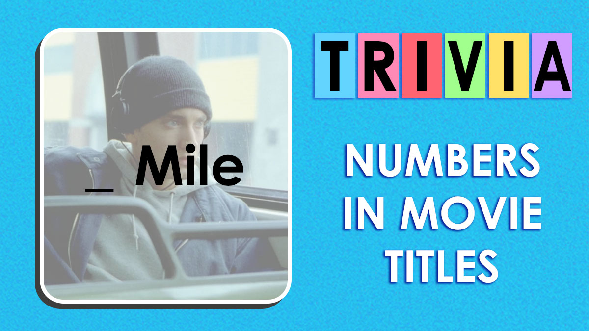 Young man wearing a beanie and hoodie on a bus with text about trivia and numbers in movie titles.