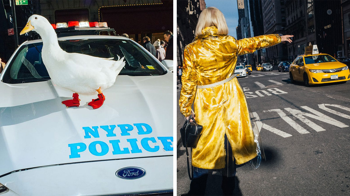 A white duck wearing red boots on an NYPD police car and a woman in a yellow coat hailing a taxi in NYC streets.