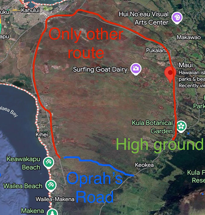 Map showing Oprah’s private road and an alternative route leading to high ground during an oncoming tsunami escape scenario. Map showing Oprah’s private road and an alternative route leading to high ground during an oncoming tsunami escape scenario.