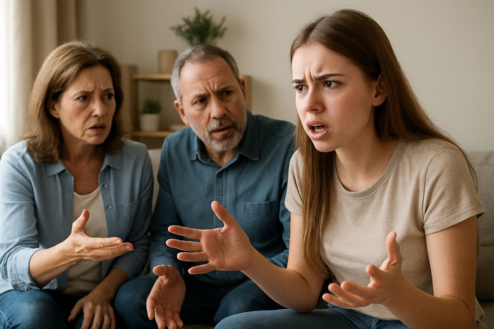 Teenage girl arguing with parents indoors, illustrating struggles with toxic parents and desire to leave home.