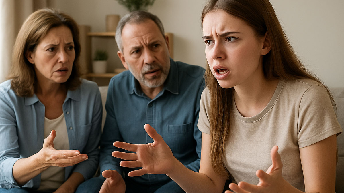 Teen girl arguing with parents in tense family conflict about living under toxic household conditions.