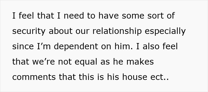 Text excerpt about a guy refusing to add the mother of his child to house deeds, causing relationship insecurity. Text excerpt about a guy refusing to add the mother of his child to house deeds, causing relationship insecurity.