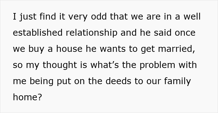 Text on white background about a guy planning marriage but not adding mother of his child to new house deeds. Text on white background about a guy planning marriage but not adding mother of his child to new house deeds.