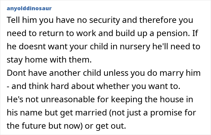Comment discussing a guy who won’t add the mother of his child to new house deeds despite planning marriage. Comment discussing a guy who won’t add the mother of his child to new house deeds despite planning marriage.
