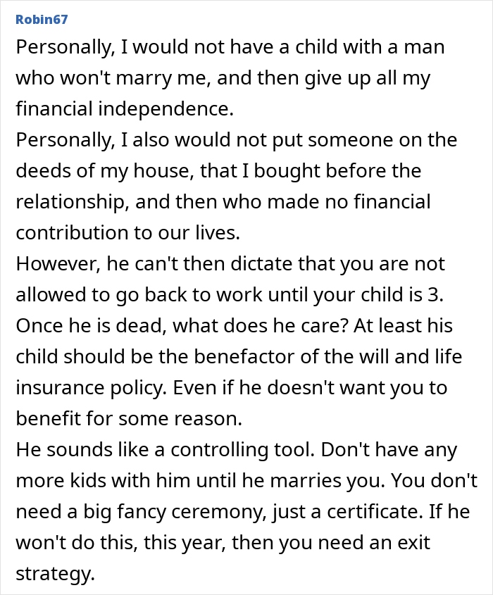 Comment discussing a guy who won’t add the mother of his child to new house deeds but plans marriage. Comment discussing a guy who won’t add the mother of his child to new house deeds but plans marriage.