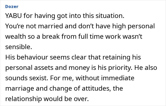 Comment discussing a guy who won’t add the mother of his child to new house deeds despite planning marriage. Comment discussing a guy who won’t add the mother of his child to new house deeds despite planning marriage.