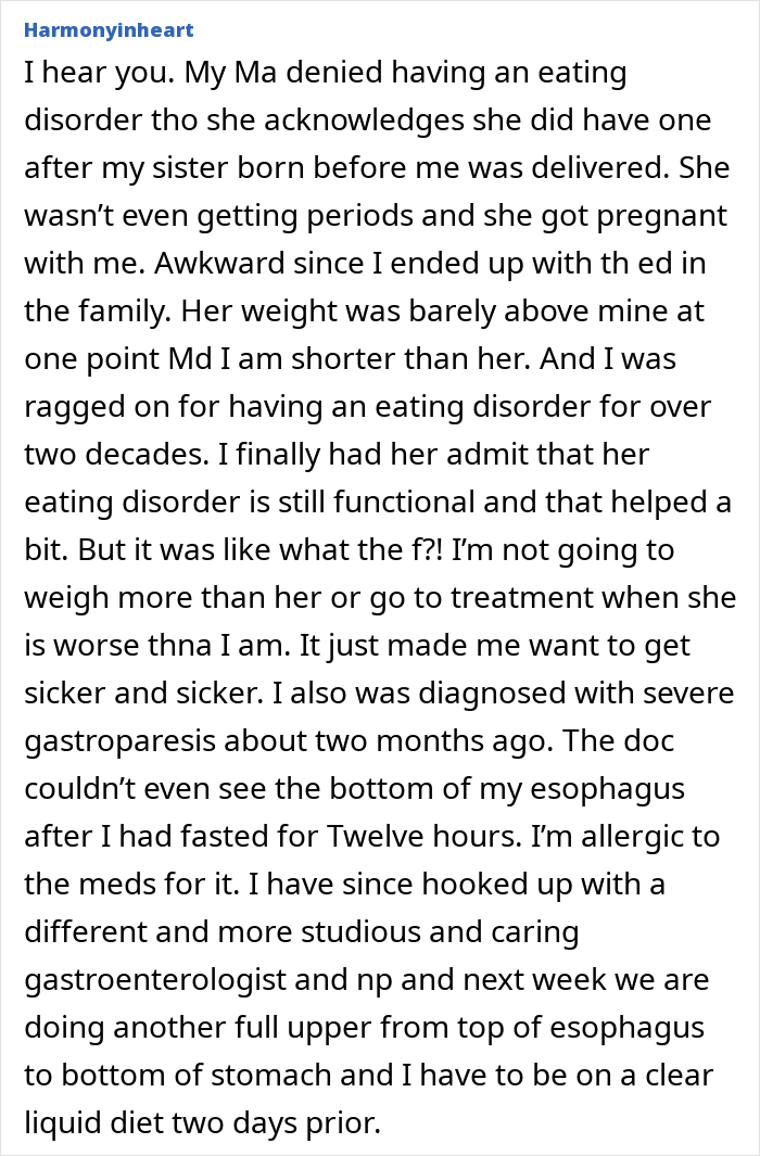 Comment from Harmonyinheart sharing personal impact of loved ones taking Ozempic and related eating disorder struggles. Comment from Harmonyinheart sharing personal impact of loved ones taking Ozempic and related eating disorder struggles.