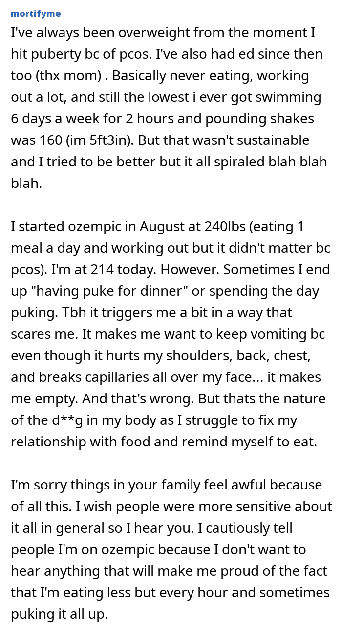User sharing personal struggles with Ozempic use, discussing impact on eating habits and emotional challenges. User sharing personal struggles with Ozempic use, discussing impact on eating habits and emotional challenges.