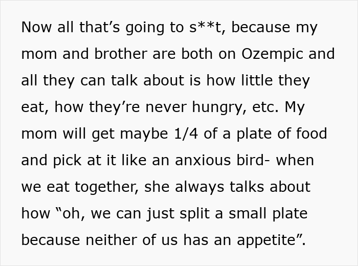 Text excerpt about family's experience with Ozempic, describing impact on appetite and eating habits with loved ones taking Ozempic. Text excerpt about family's experience with Ozempic, describing impact on appetite and eating habits with loved ones taking Ozempic.
