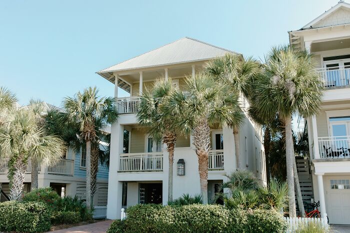 Modern beach houses surrounded by palm trees illustrating trends leading to overconsumption in coastal living.