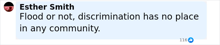 Comment by Esther Smith stating flood or not, discrimination has no place in any community, addressing outrage over flood-stricken camp Mystic post Comment by Esther Smith stating flood or not, discrimination has no place in any community, addressing outrage over flood-stricken camp Mystic post
