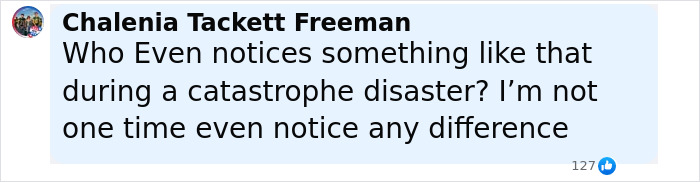 Facebook comment expressing disbelief about noticing details during a catastrophe disaster at flood-stricken Camp Mystic. Facebook comment expressing disbelief about noticing details during a catastrophe disaster at flood-stricken Camp Mystic.