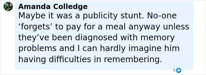 Comment discussing Robert Irwin dining and dashing incident, questioning if it was a publicity stunt or memory issue. Comment discussing Robert Irwin dining and dashing incident, questioning if it was a publicity stunt or memory issue.