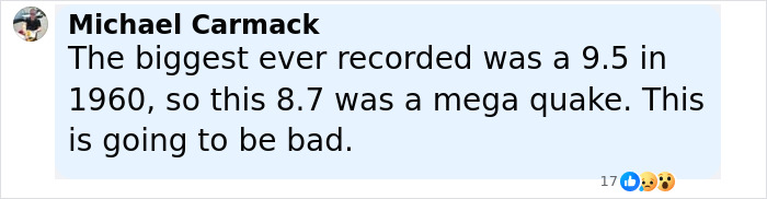Comment by Michael Carmack describing an 8.7 mega earthquake with warnings of first tsunami waves hitting Alaska and Japan. Comment by Michael Carmack describing an 8.7 mega earthquake with warnings of first tsunami waves hitting Alaska and Japan.