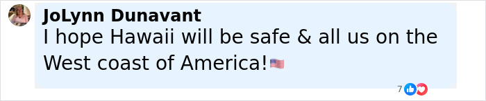 User comment expressing hope for safety in Hawaii and the West coast of America amid tsunami warnings following mega earthquake. User comment expressing hope for safety in Hawaii and the West coast of America amid tsunami warnings following mega earthquake.
