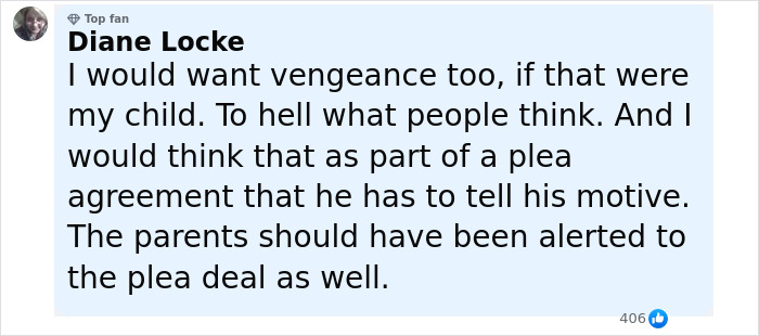 Comment by Diane Locke expressing desire for justice for Bryan Kohberger's victim and concerns about plea agreement details. Comment by Diane Locke expressing desire for justice for Bryan Kohberger's victim and concerns about plea agreement details.