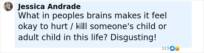 Comment by Jessica Andrade expressing disgust about violence against children, related to Bryan Kohberger's victim's violent massacre. Comment by Jessica Andrade expressing disgust about violence against children, related to Bryan Kohberger's victim's violent massacre.