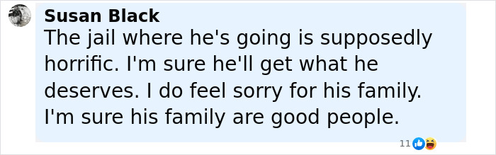 Comment by Susan Black expressing mixed feelings about the jail and sympathy for Bryan Kohberger's victim's family. Comment by Susan Black expressing mixed feelings about the jail and sympathy for Bryan Kohberger's victim's family.