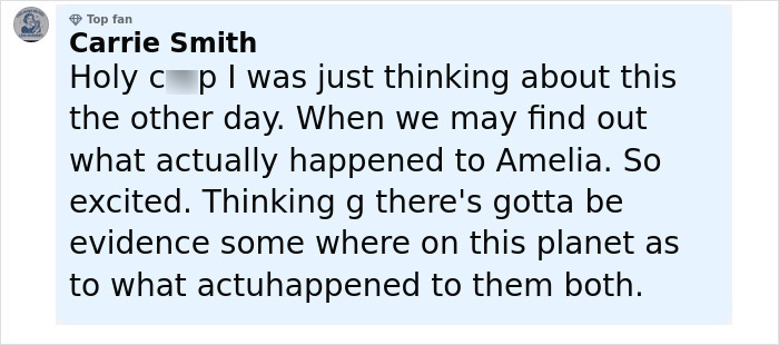 User comment by Carrie Smith expressing excitement about new evidence in the Amelia Earhart mystery from satellite images. User comment by Carrie Smith expressing excitement about new evidence in the Amelia Earhart mystery from satellite images.