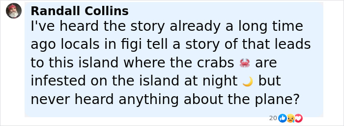 Comment discussing locals in Fiji and crabs linked to the Amelia Earhart mystery in new satellite images. Comment discussing locals in Fiji and crabs linked to the Amelia Earhart mystery in new satellite images.
