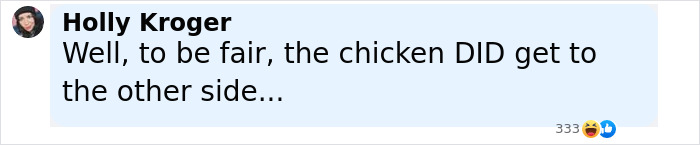 Screenshot of a social media comment humorously referencing a chicken crossing the road in a viral Florida woman incident. Screenshot of a social media comment humorously referencing a chicken crossing the road in a viral Florida woman incident.