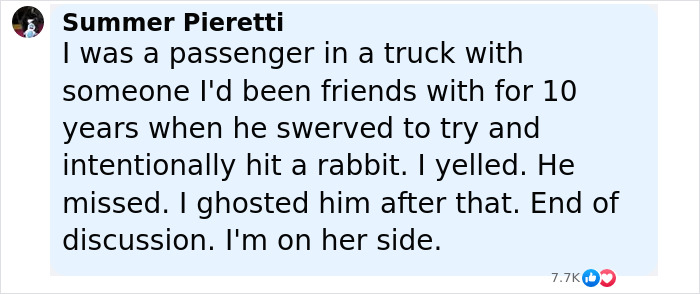 Text screenshot of a social media comment sharing a story about witnessing a truck driver intentionally trying to hit a rabbit. Text screenshot of a social media comment sharing a story about witnessing a truck driver intentionally trying to hit a rabbit.
