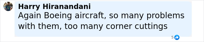 Facebook comment from Harry Hiranandani criticizing Boeing aircraft for many problems and corner cuttings. Facebook comment from Harry Hiranandani criticizing Boeing aircraft for many problems and corner cuttings.