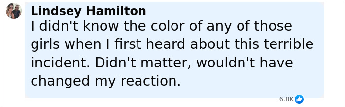 Comment by Lindsey Hamilton expressing indifference to race amid flood-stricken Camp Mystic controversy. Comment by Lindsey Hamilton expressing indifference to race amid flood-stricken Camp Mystic controversy.