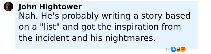 Comment by John Hightower discussing a story inspired by a list related to Stephen King's Epstein list tweet. Comment by John Hightower discussing a story inspired by a list related to Stephen King's Epstein list tweet.