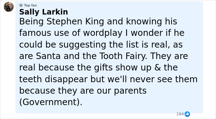 Facebook comment from Sally Larkin discussing Stephen King's strange tweet about Epstein list and conspiracy theories. Facebook comment from Sally Larkin discussing Stephen King's strange tweet about Epstein list and conspiracy theories.