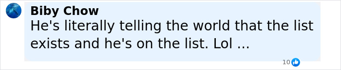 Comment from Biby Chow reacting to a tweet related to Stephen King and Epstein list conspiracy theories. Comment from Biby Chow reacting to a tweet related to Stephen King and Epstein list conspiracy theories.