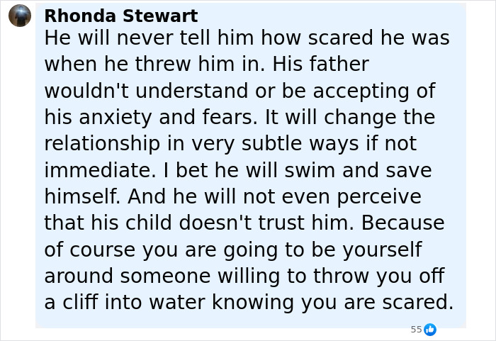 Comment expressing concern over dad throwing 7YO son off cliff to face fears and the impact on their relationship. Comment expressing concern over dad throwing 7YO son off cliff to face fears and the impact on their relationship.