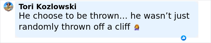 Facebook comment by Tori Kozlowski explaining that the son chose to be thrown off a cliff, relating to dad teaching son to face fears. Facebook comment by Tori Kozlowski explaining that the son chose to be thrown off a cliff, relating to dad teaching son to face fears.