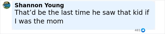 Facebook comment by Shannon Young expressing concern over dad throwing son off cliff to face fears, sparking online fury. Facebook comment by Shannon Young expressing concern over dad throwing son off cliff to face fears, sparking online fury.