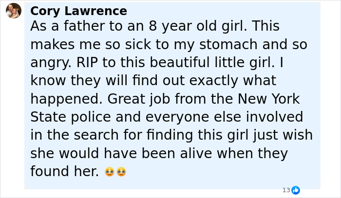 Comment expressing grief over missing 9-year-old girl found deceased and mentioning police inconsistencies in dad’s report. Comment expressing grief over missing 9-year-old girl found deceased and mentioning police inconsistencies in dad’s report.