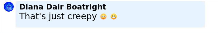 Comment by Diana Dair Boatright saying that's just creepy with shocked and worried face emojis in a light blue chat bubble. Comment by Diana Dair Boatright saying that's just creepy with shocked and worried face emojis in a light blue chat bubble.