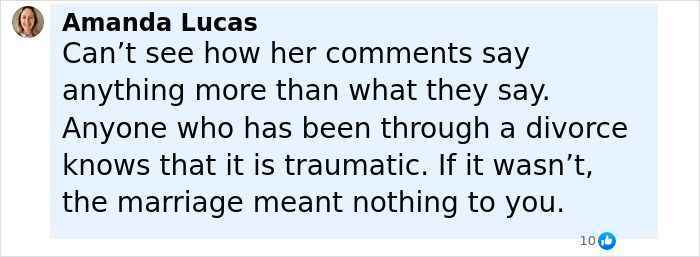 Screenshot of a comment about divorce and marriage trauma, related to Isla Fisher's message after divorcing Sacha Baron Cohen. Screenshot of a comment about divorce and marriage trauma, related to Isla Fisher's message after divorcing Sacha Baron Cohen.