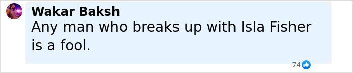 Comment stating any man who breaks up with Isla Fisher is a fool, highlighting marriage and divorce topics. Comment stating any man who breaks up with Isla Fisher is a fool, highlighting marriage and divorce topics.