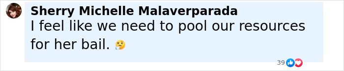 Comment from Sherry Michelle Malaverparada expressing the need to pool resources for her bail in a social media post. Comment from Sherry Michelle Malaverparada expressing the need to pool resources for her bail in a social media post.
