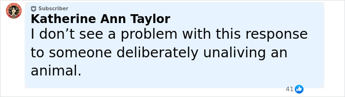 Comment from Katherine Ann Taylor on Florida woman attacks driver who ran over chicken to avenge its passing, discussing response to animal harm. Comment from Katherine Ann Taylor on Florida woman attacks driver who ran over chicken to avenge its passing, discussing response to animal harm.